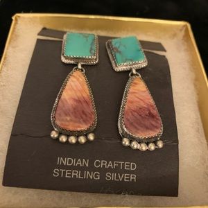 Navajo B Turquoise & Spiny Oyster Drop Earrings